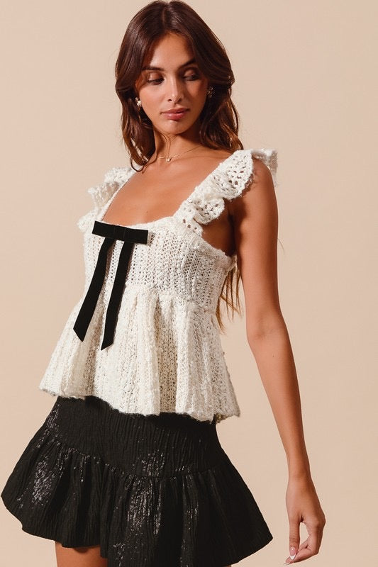 Bulky babydoll ribbon sweater top