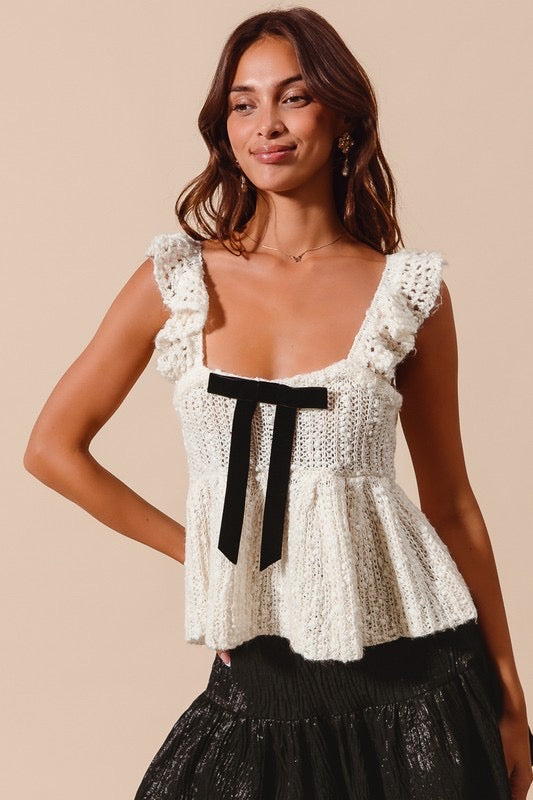 Bulky babydoll ribbon sweater top