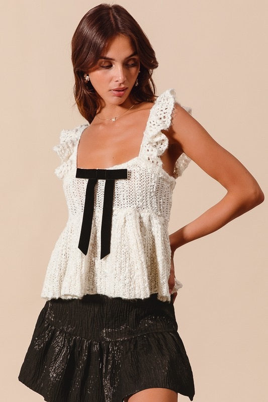 Bulky babydoll ribbon sweater top
