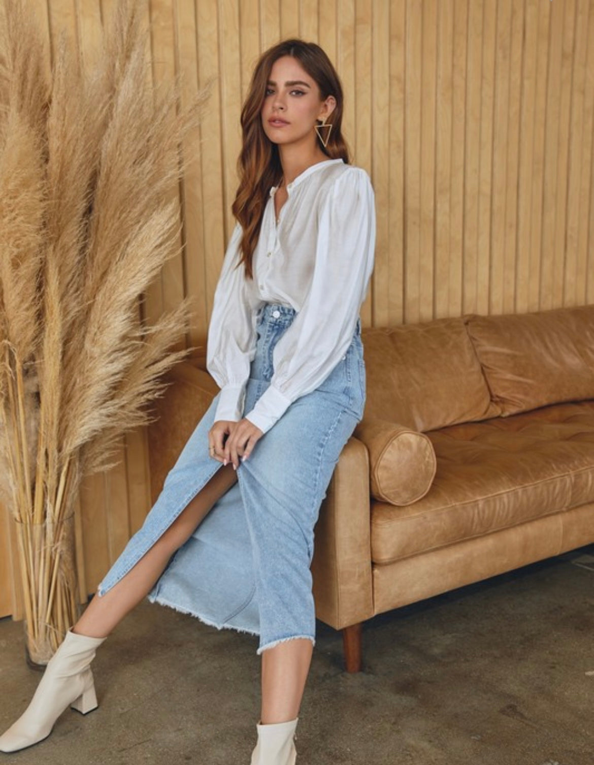 Slit denim long skirt