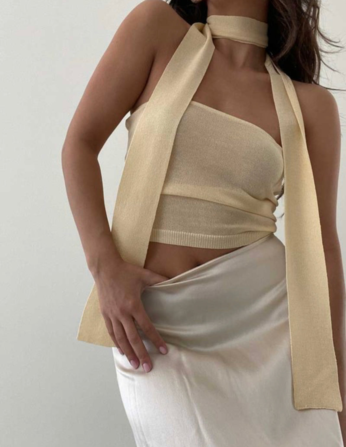 Sheer knit tube top with scarf