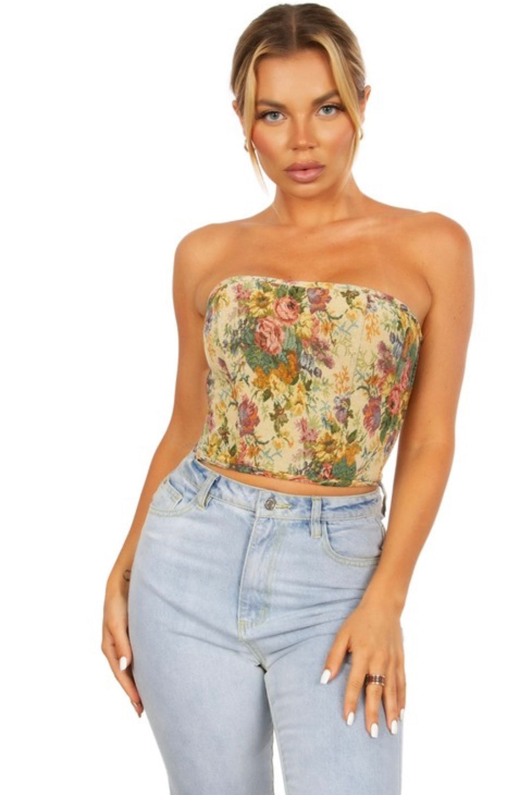 Strapless bustier floral tapestry corset