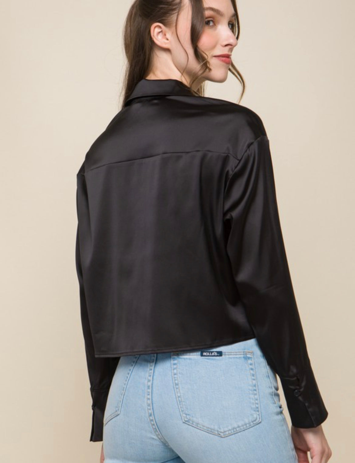 Long sleeve satin cropped button down