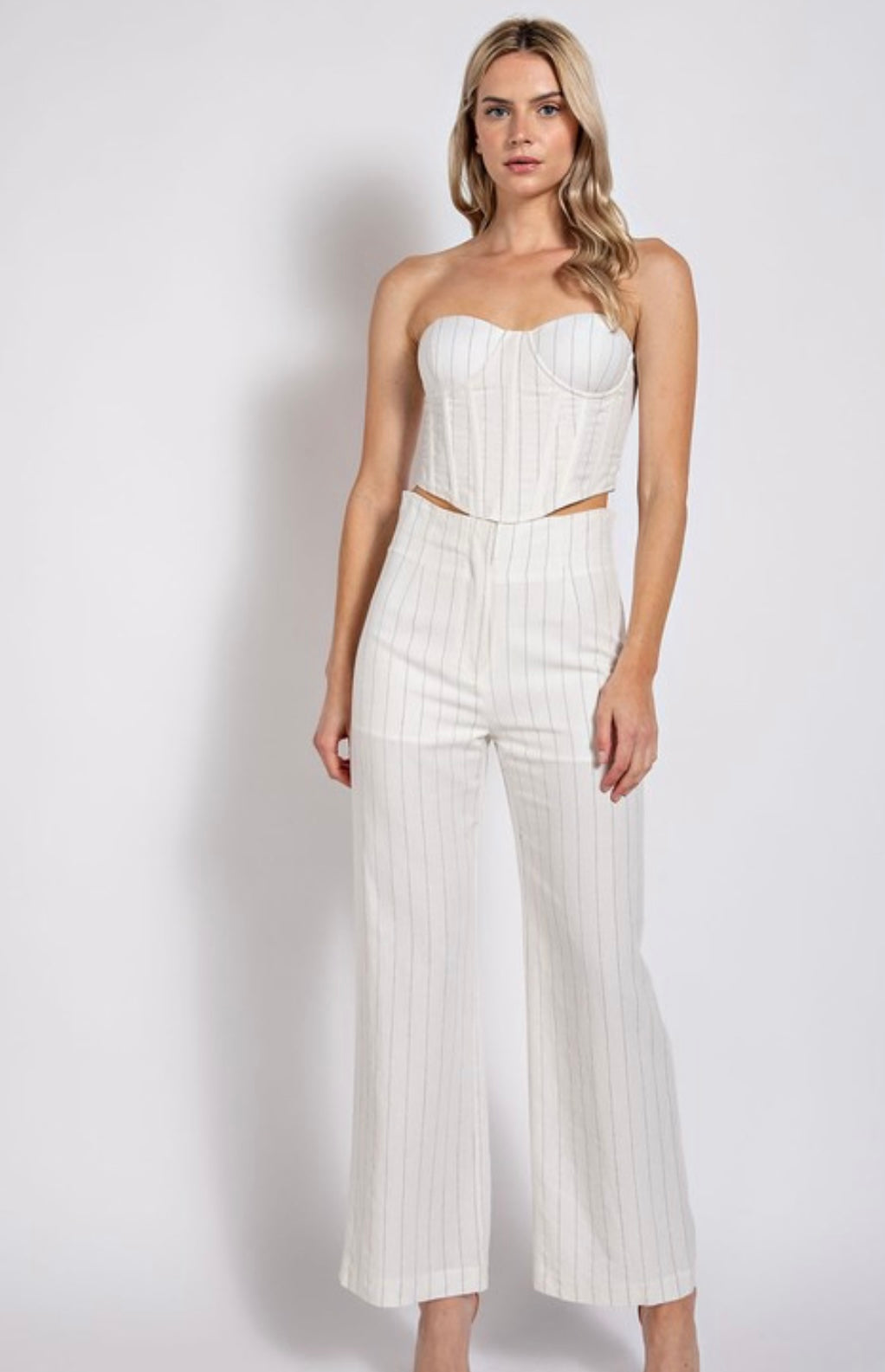 Thin striped straight linen pants set