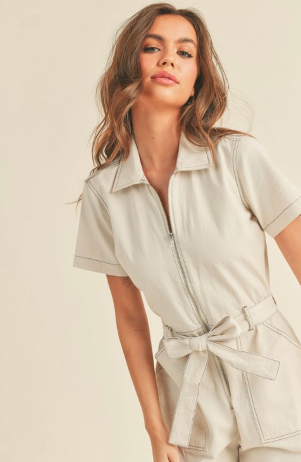 Cotton zipper jumpsuit with belt