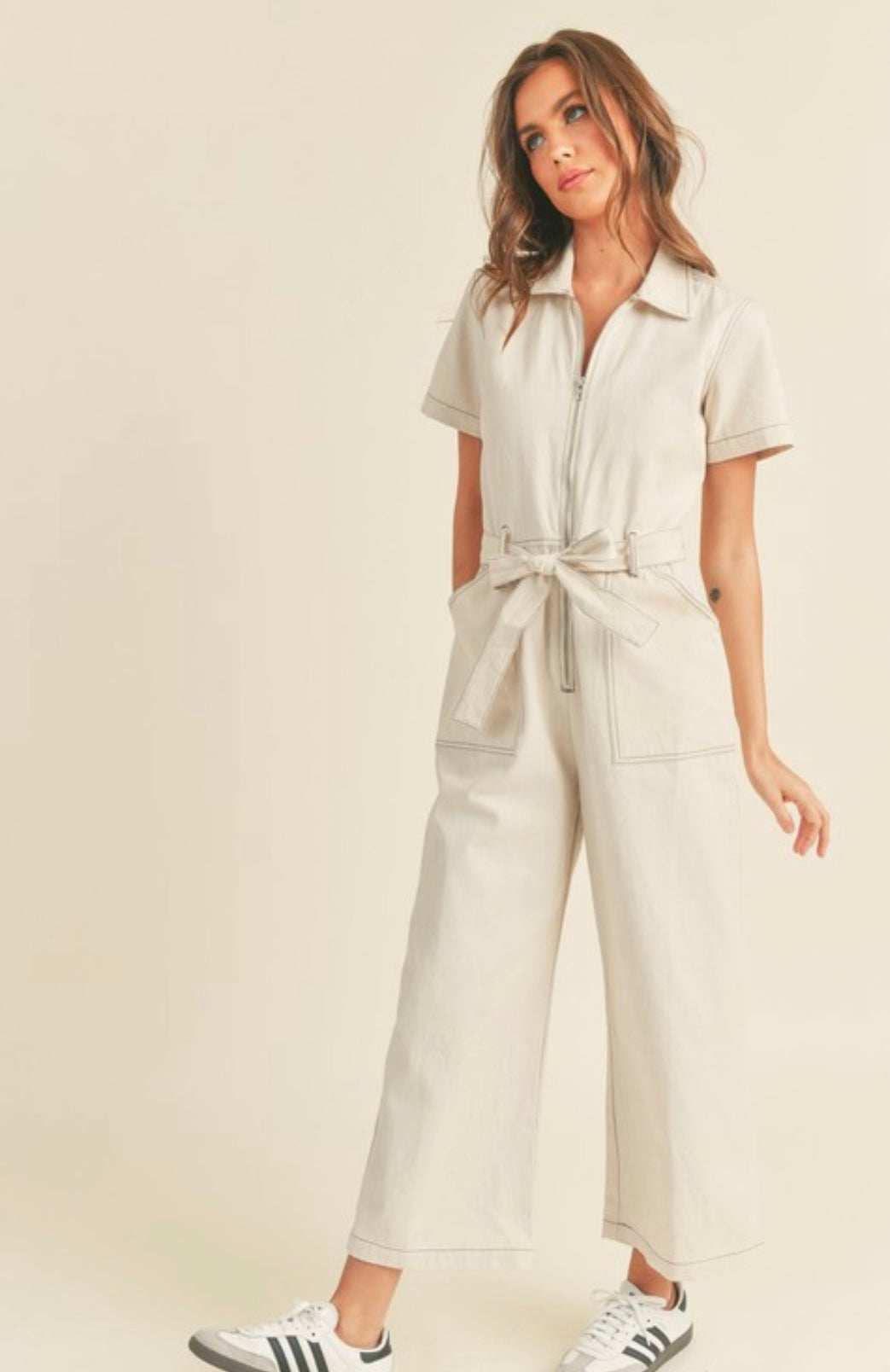 Cotton zipper jumpsuit with belt