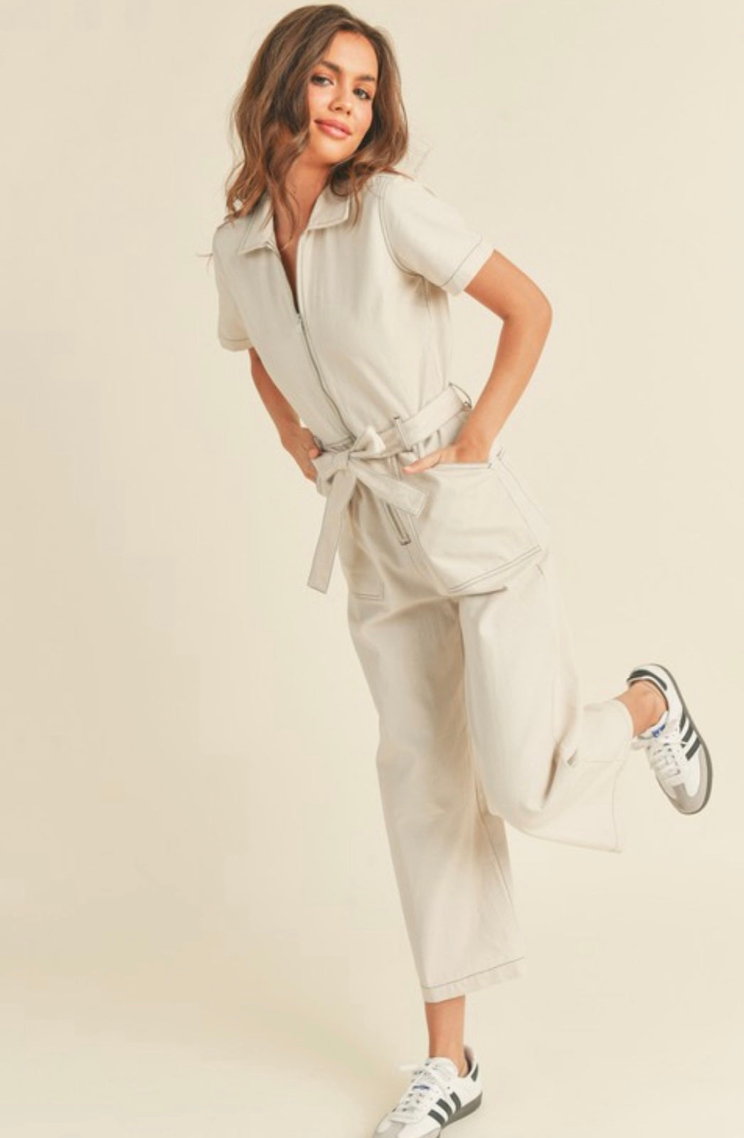Cotton zipper jumpsuit with belt