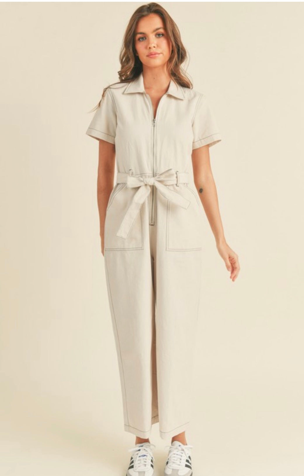 Cotton zipper jumpsuit with belt