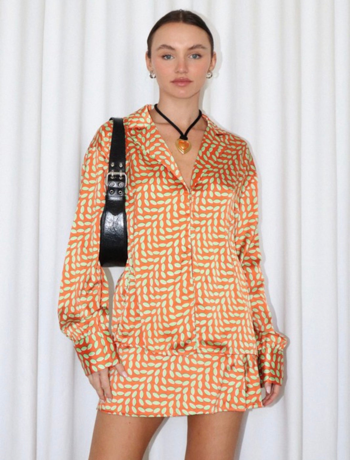 Printed satin open front blouse | set