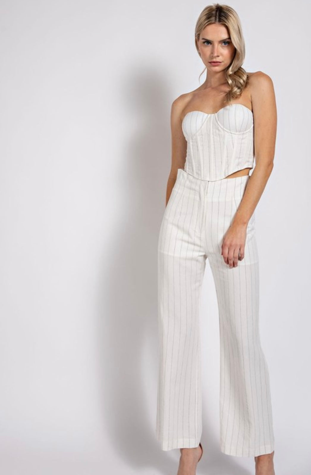Thin striped straight linen pants set