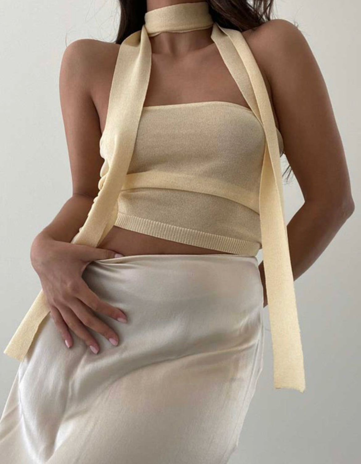Sheer knit tube top with scarf
