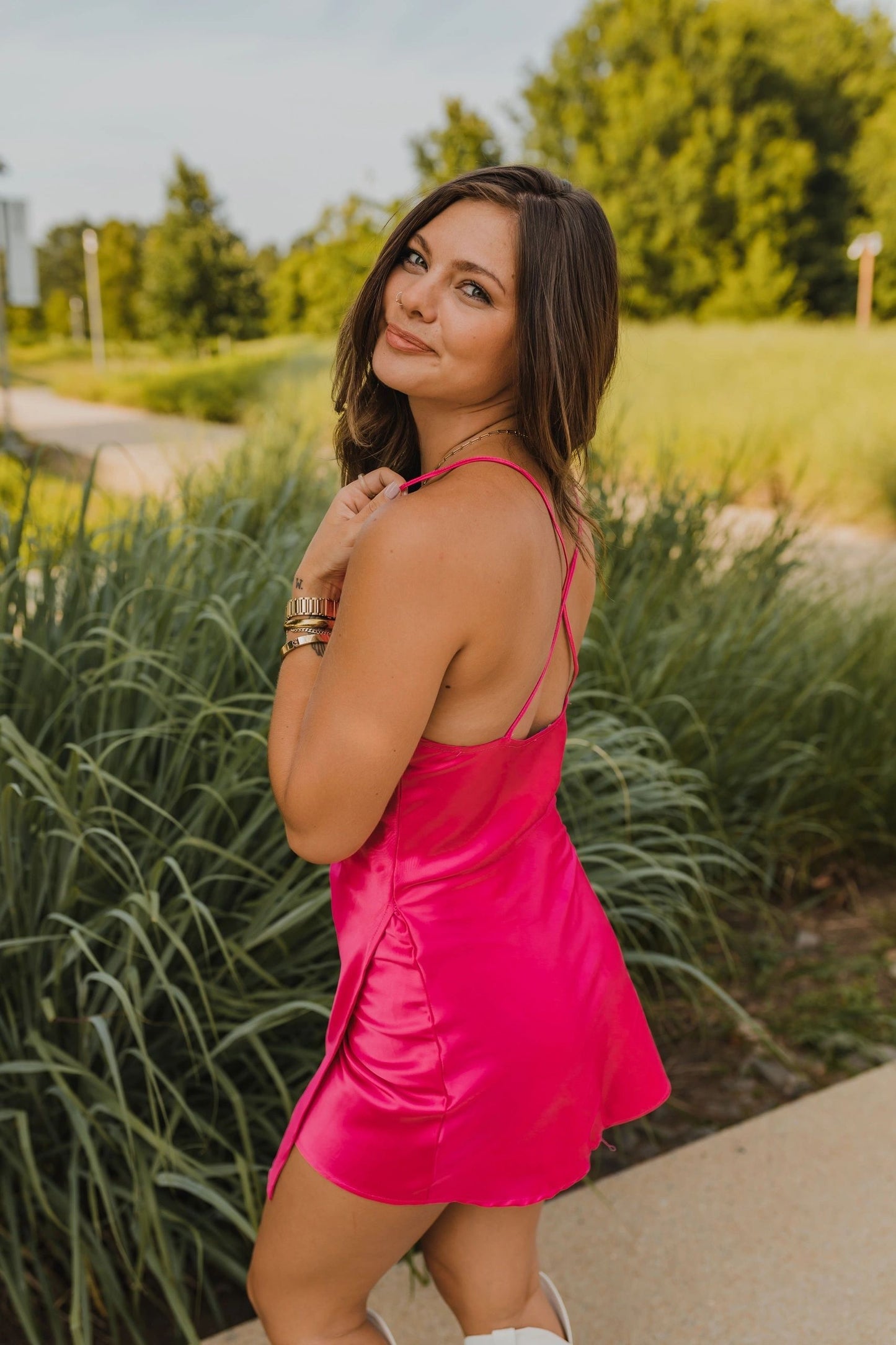 satin cowl neck open back dress