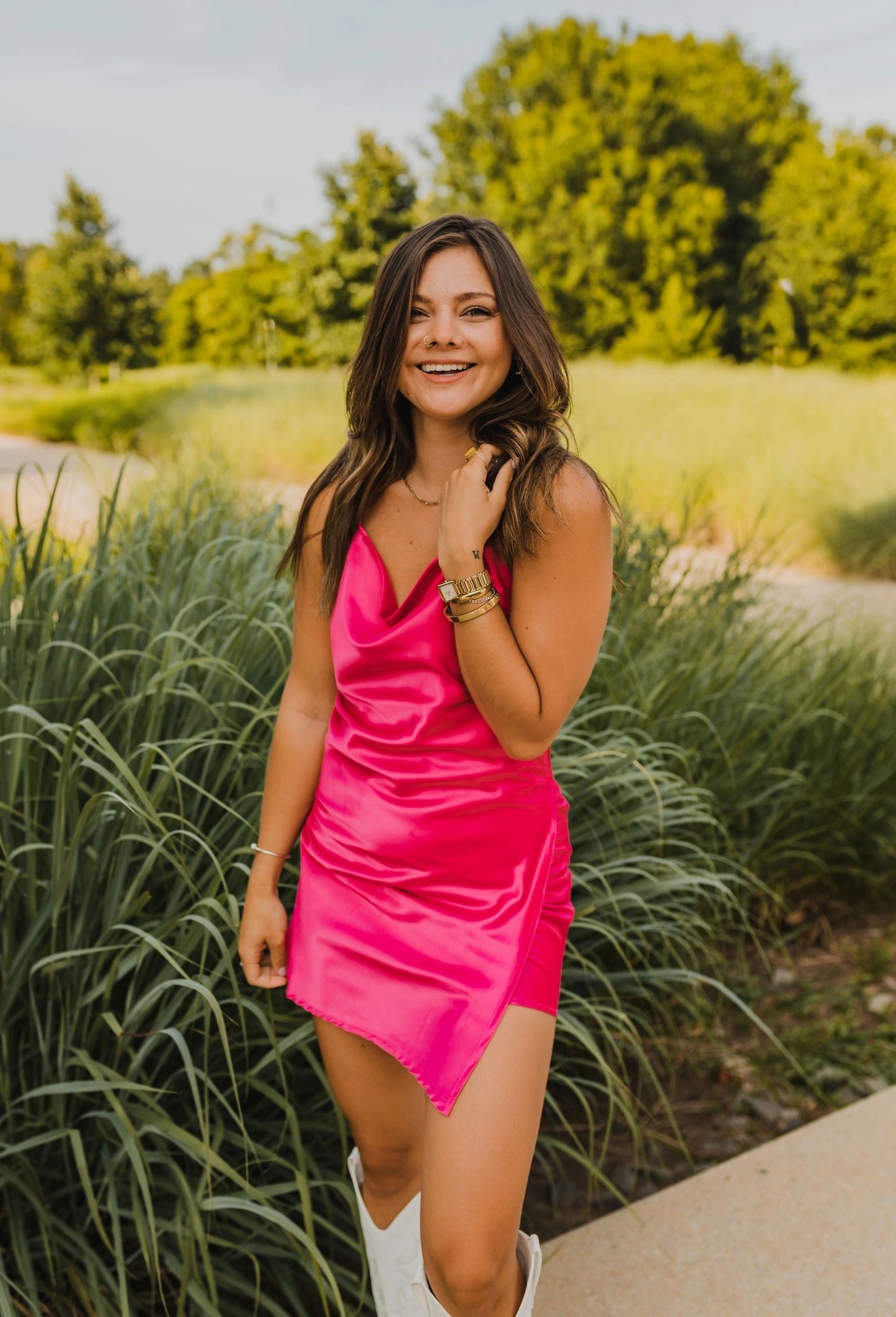satin cowl neck open back dress