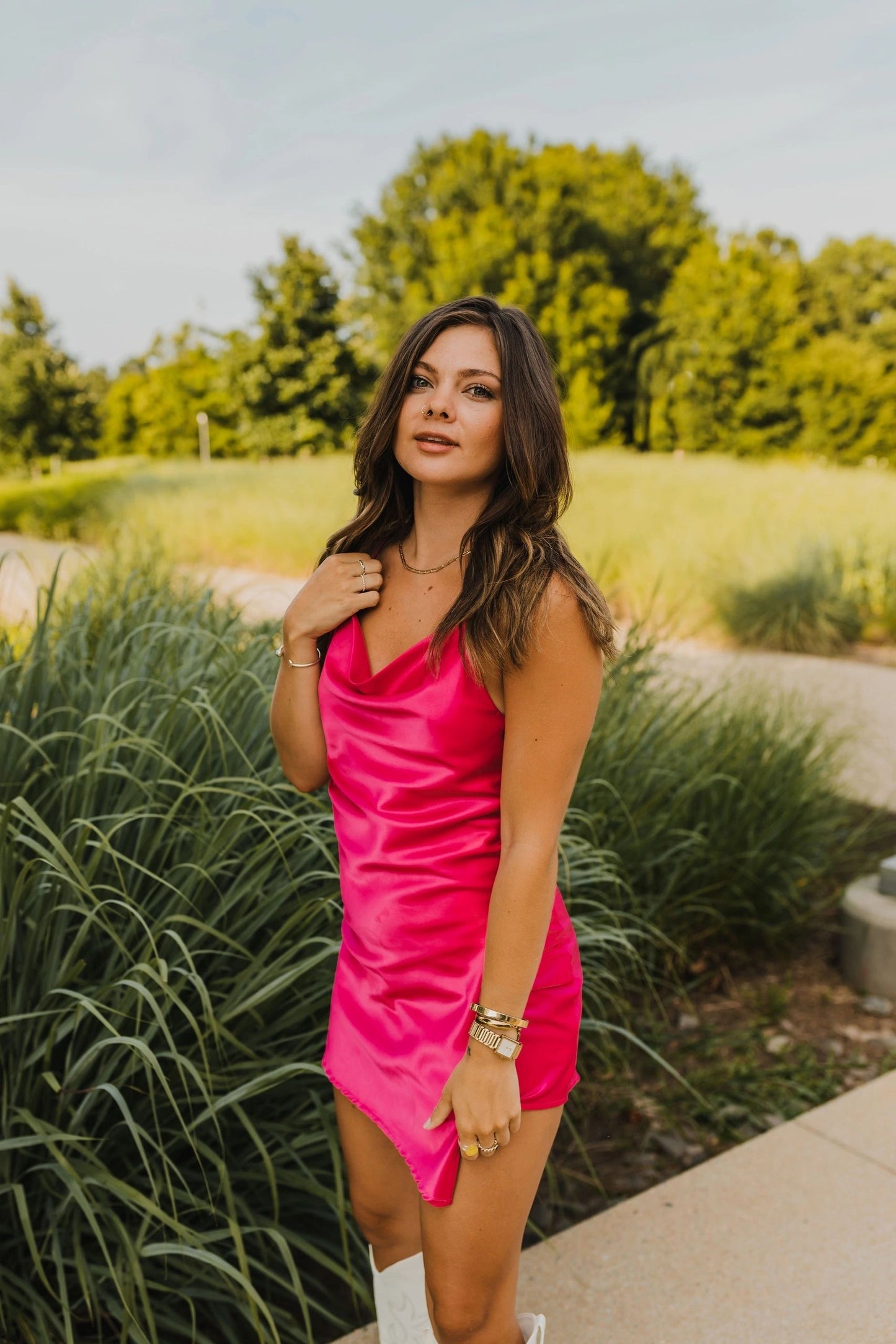 satin cowl neck open back dress