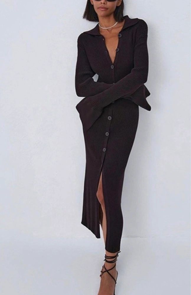 flare sleeved buttoned rib knit bodycon dress