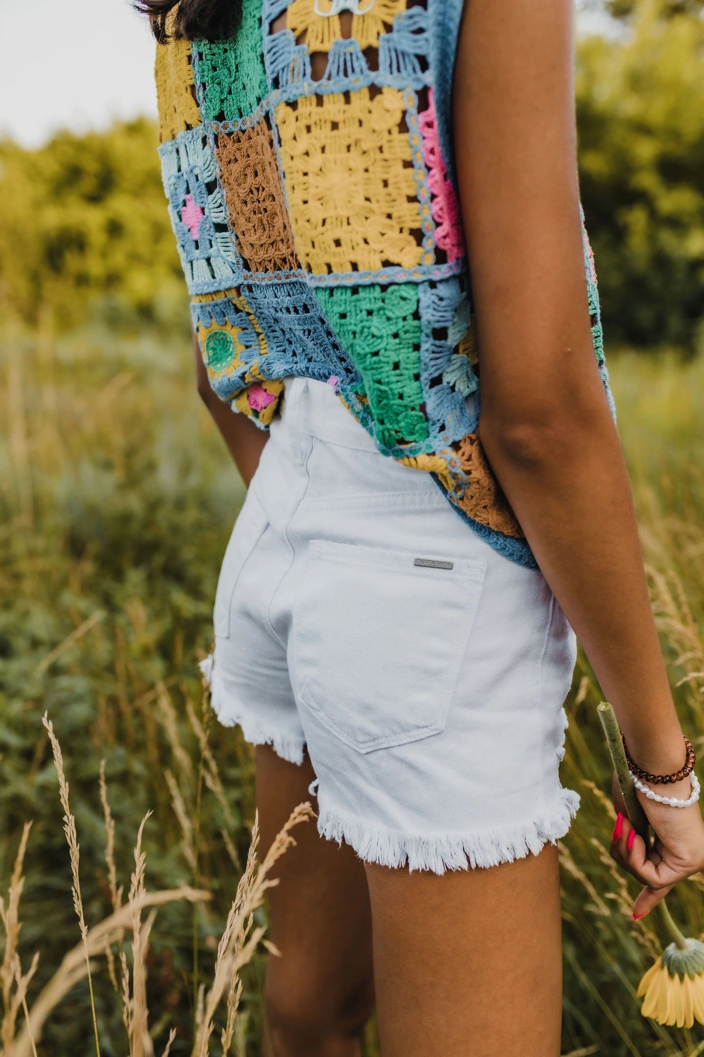 button cross over denim mom shorts