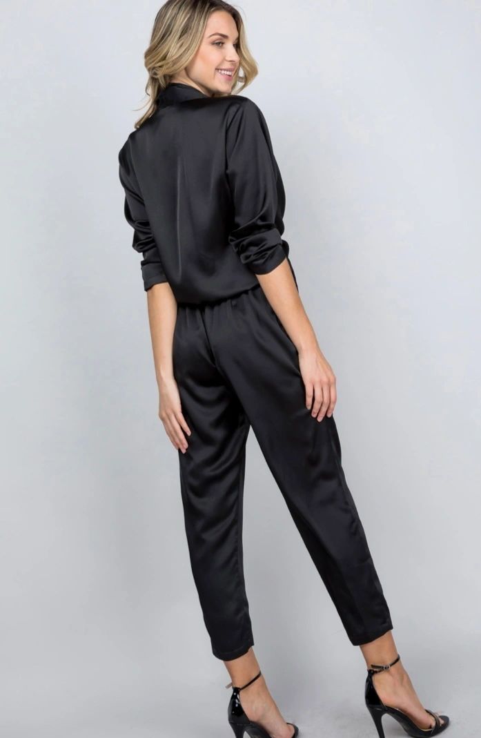 satin open tie front jumpsuit