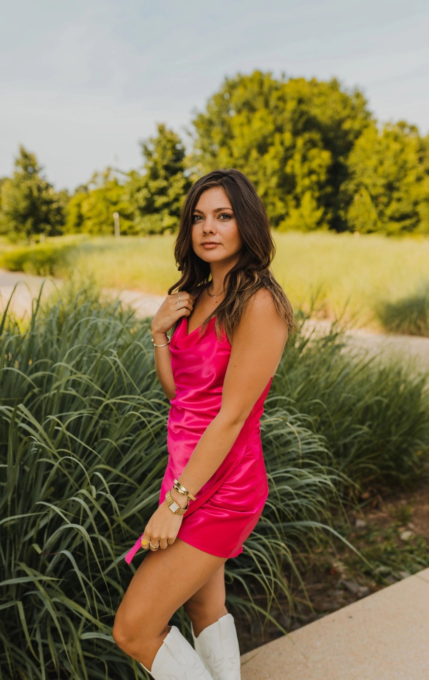 satin cowl neck open back dress