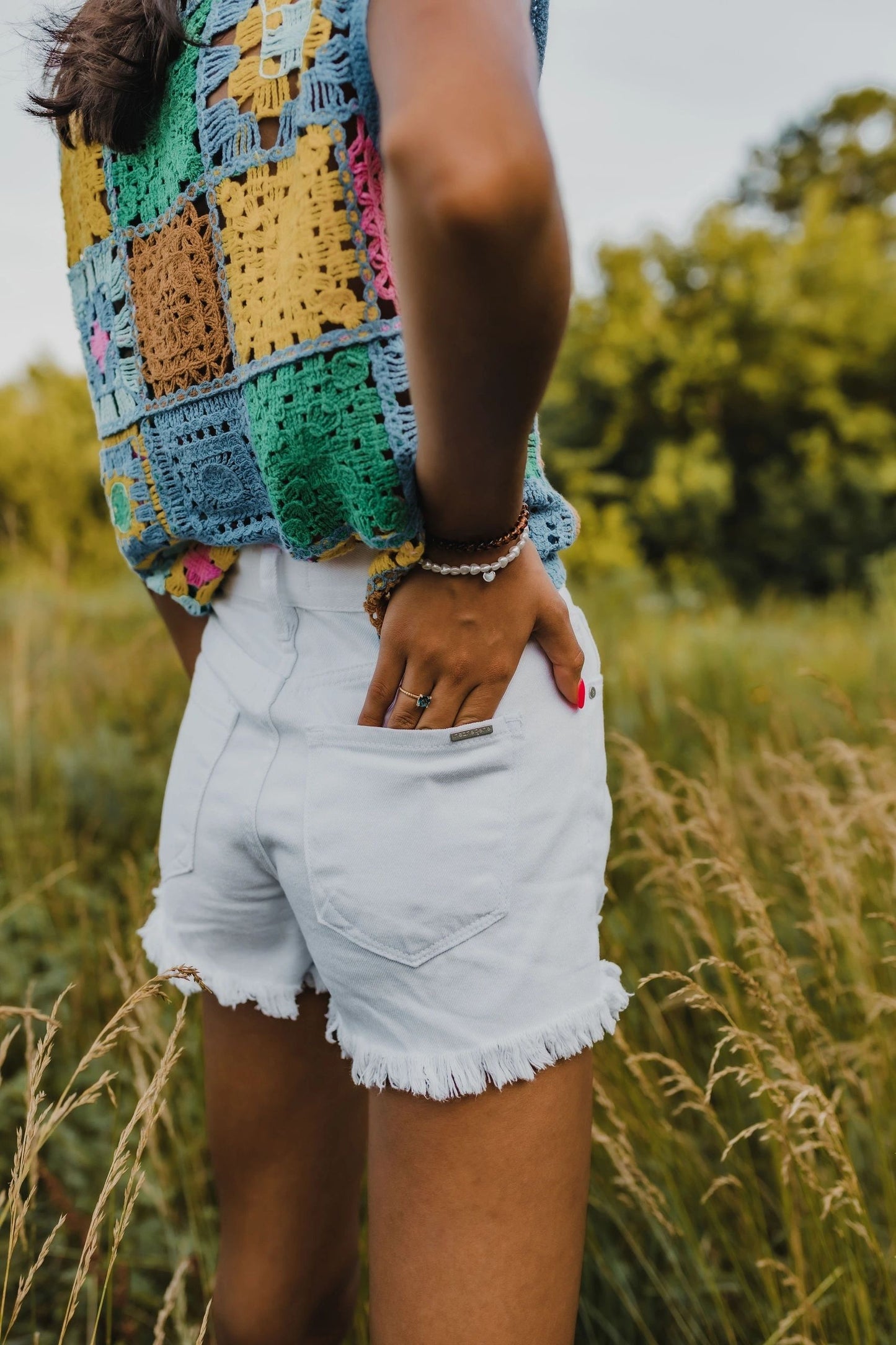 button cross over denim mom shorts