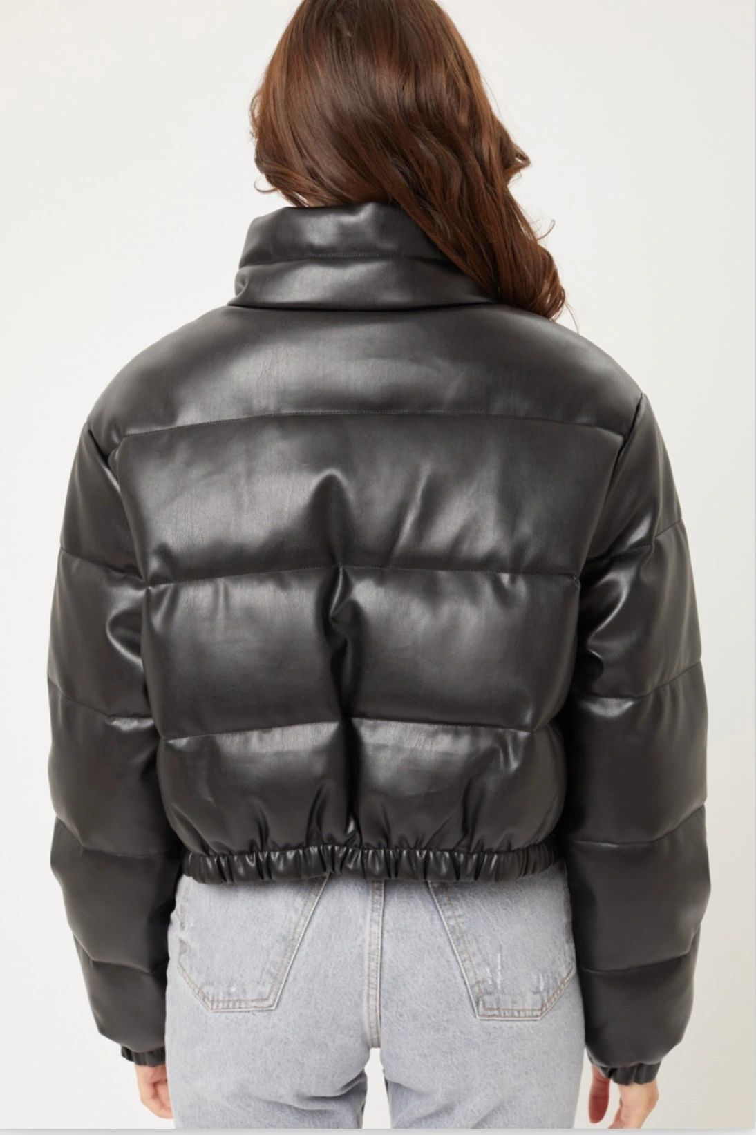 leather cropped puffer coat