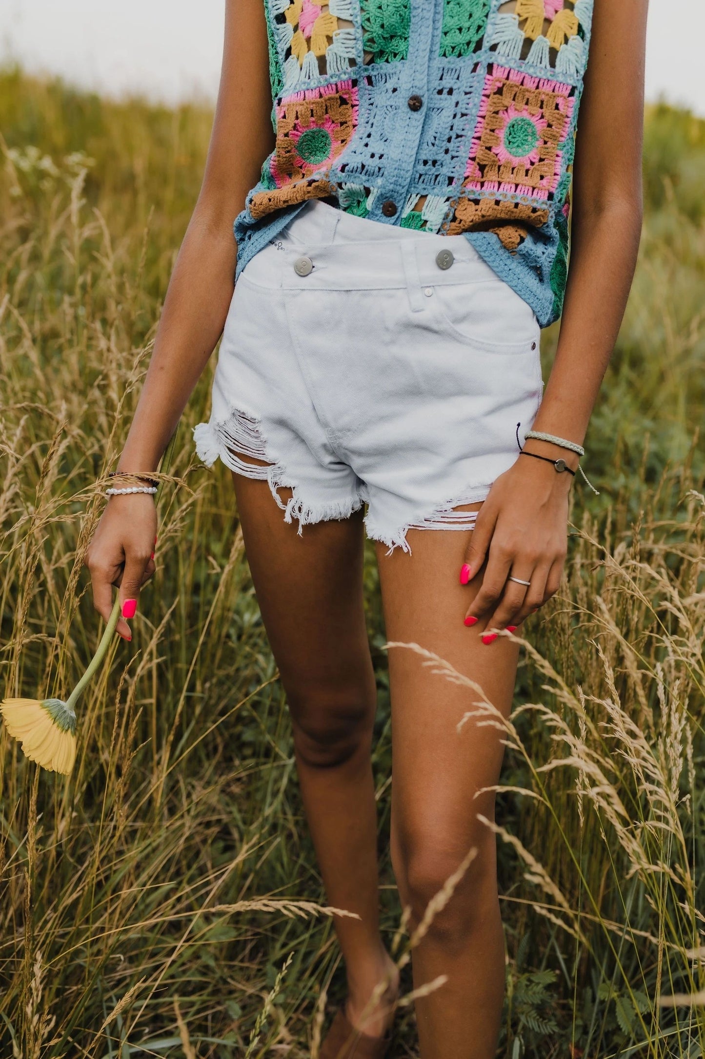 button cross over denim mom shorts