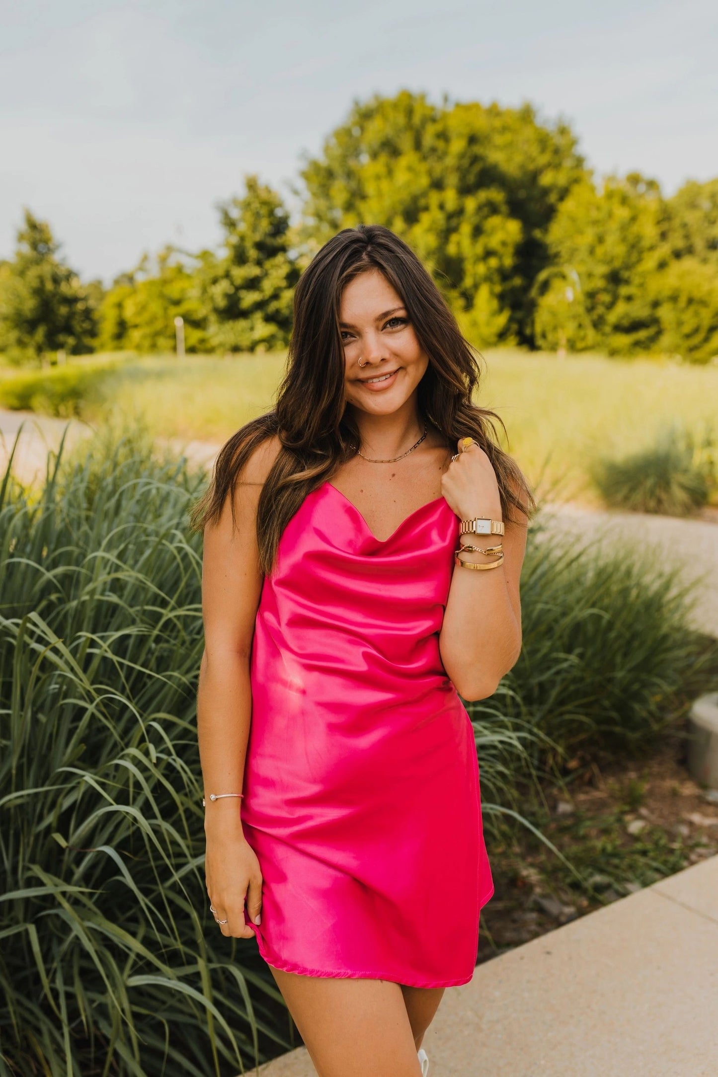 satin cowl neck open back dress