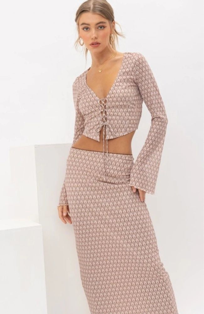 asymmetrical hem mesh lace up top | set