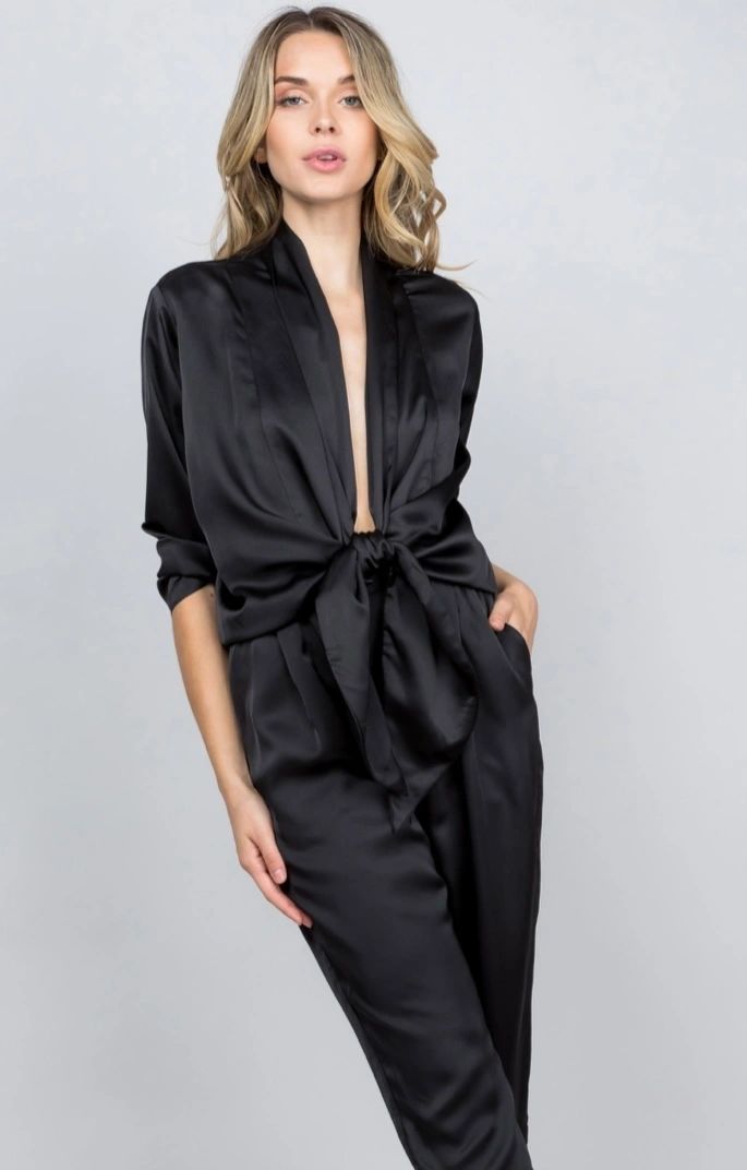 satin open tie front jumpsuit