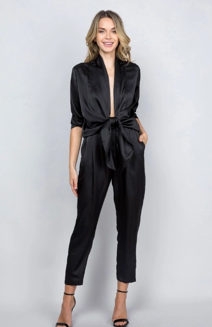 satin open tie front jumpsuit