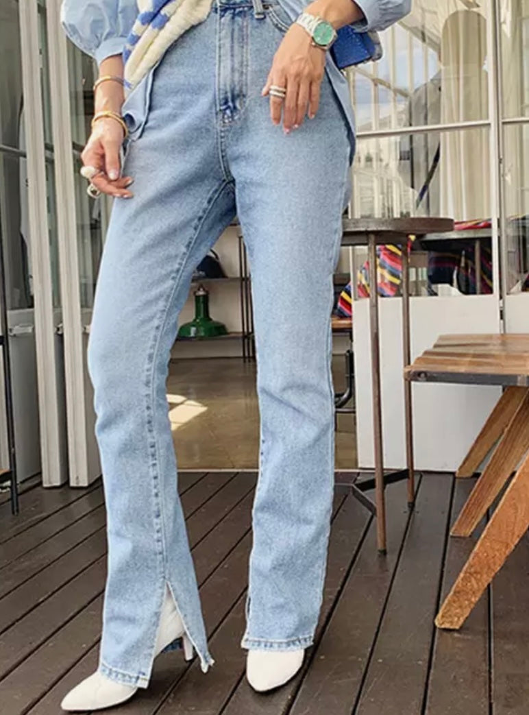Long Length High Waisted Ankle Slit Washed Denim