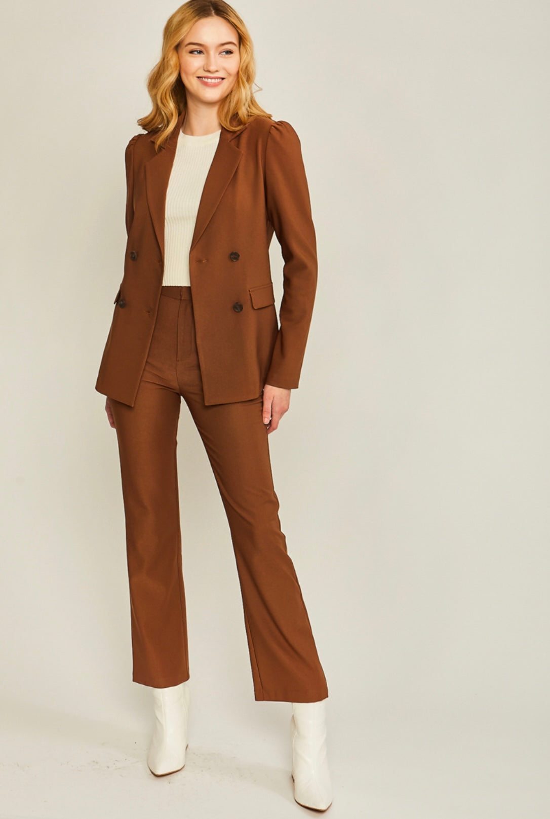 Woven solid long flared career pants