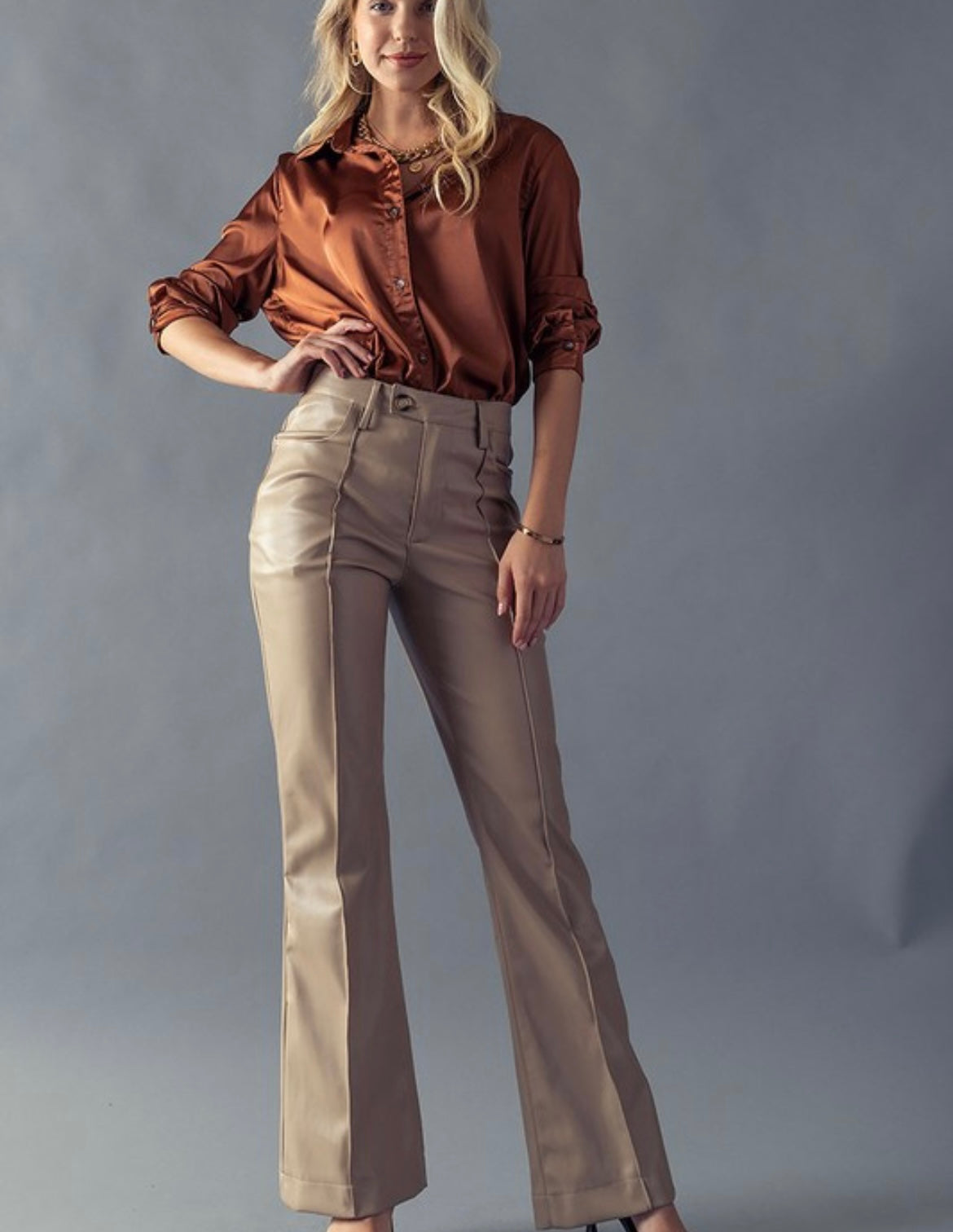 Seam detailed flared leather pants