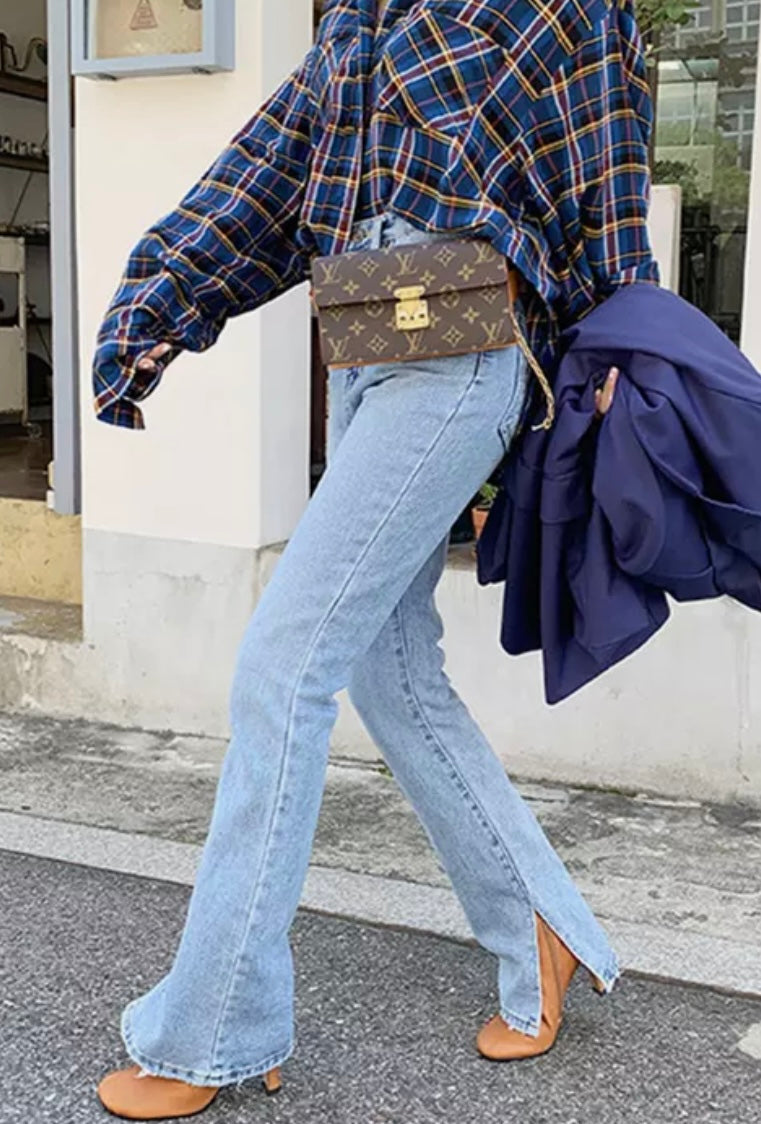 Long Length High Waisted Ankle Slit Washed Denim