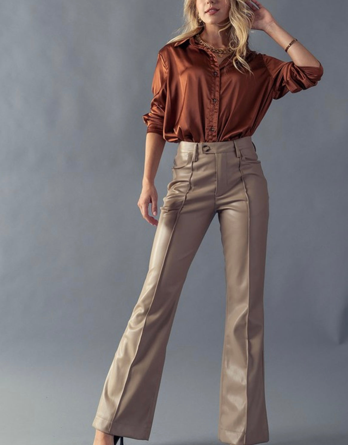 Seam detailed flared leather pants