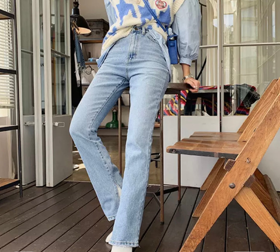 Long Length High Waisted Ankle Slit Washed Denim