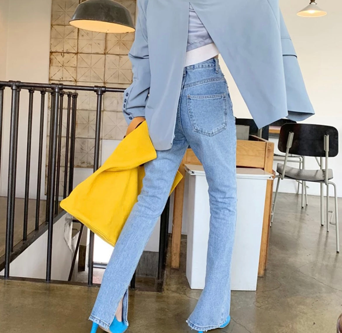Long Length High Waisted Ankle Slit Washed Denim