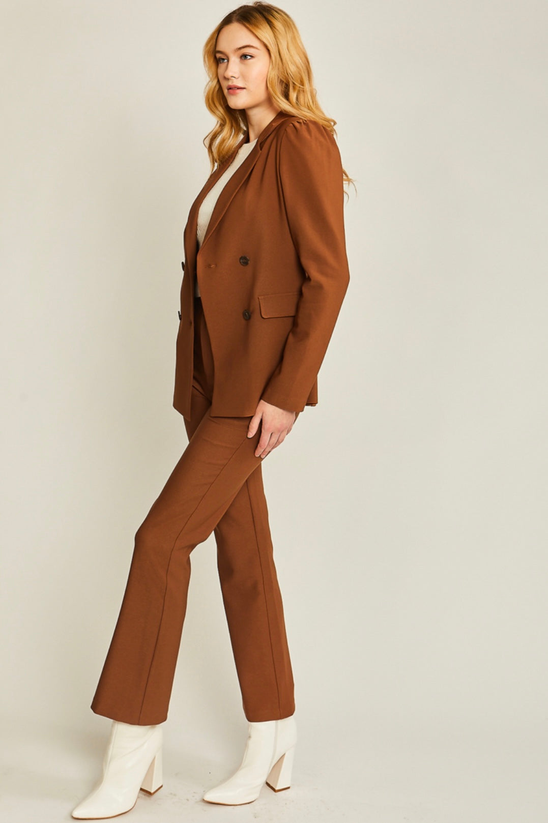 Woven solid long flared career pants