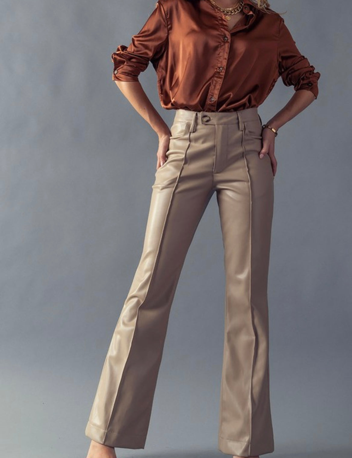 Seam detailed flared leather pants
