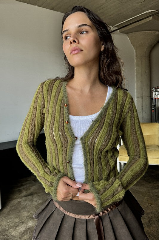 Contrast fuzzy striped cardigan