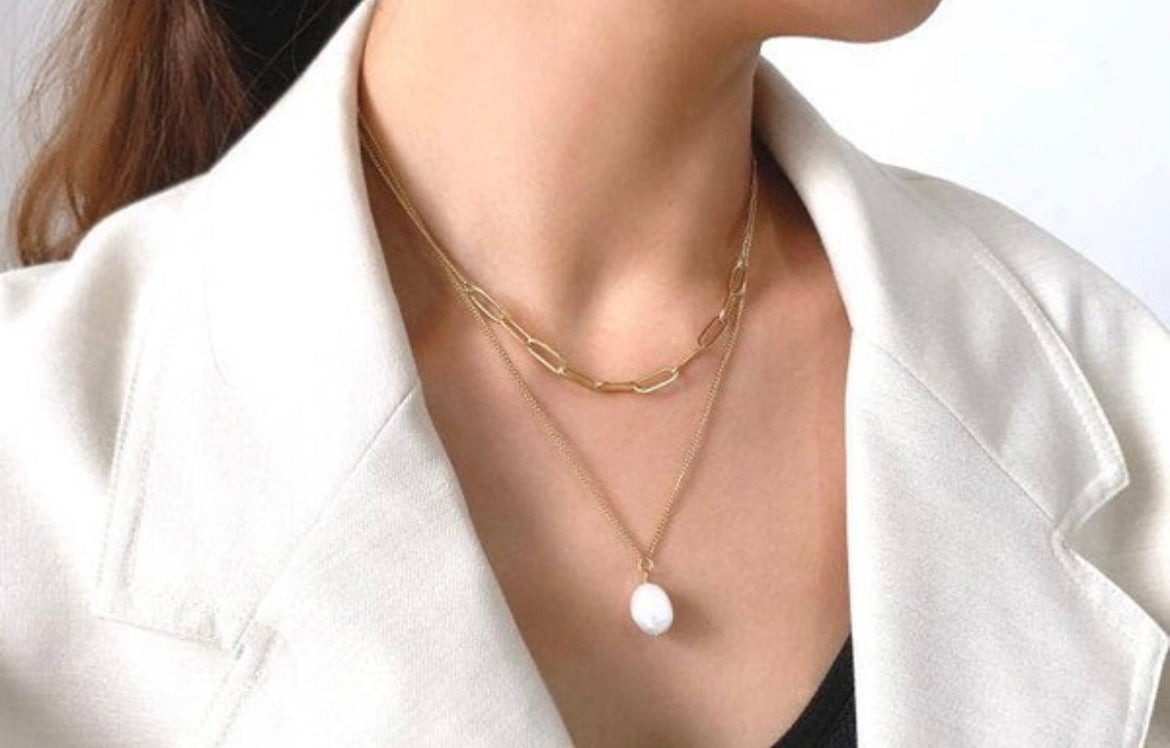 Pearl double chain necklace