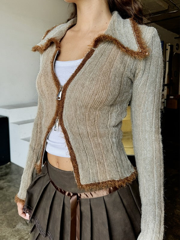 Ombré zip-up knit cardigan