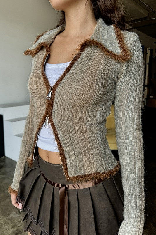 Ombré zip-up knit cardigan