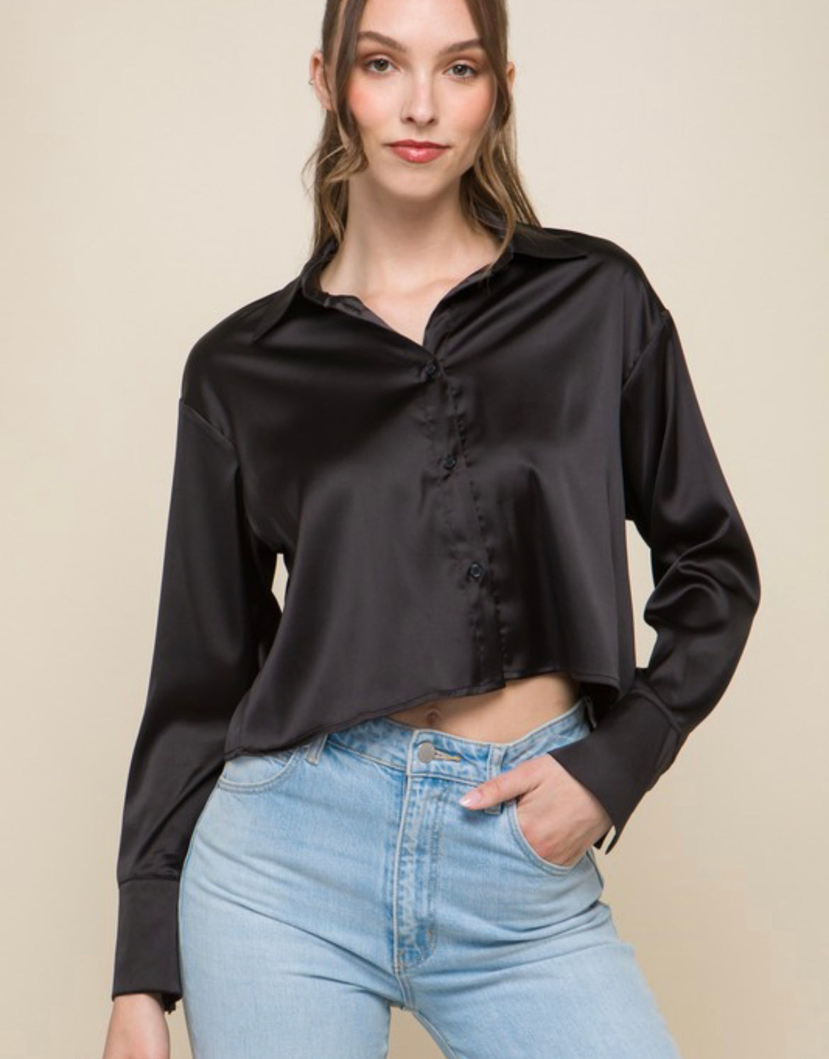 Long sleeve satin cropped button down