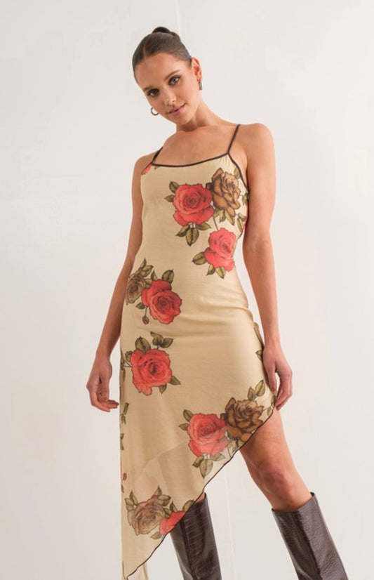 Asymmetrical rose printed dress | preorder