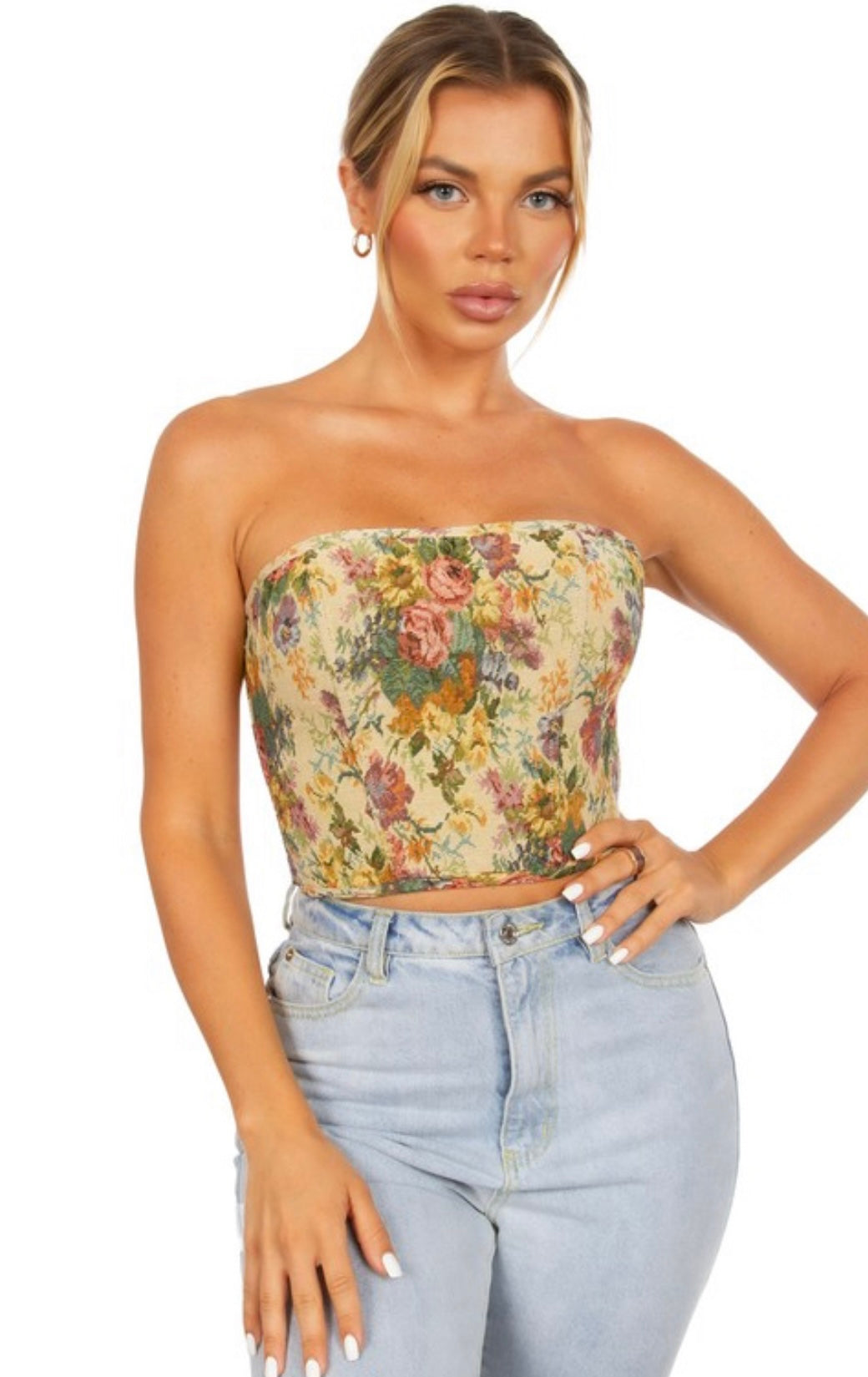 Strapless bustier floral tapestry corset