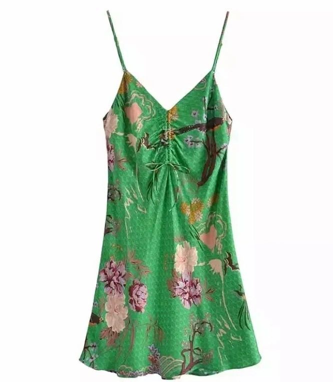 vintage printed green satin dress