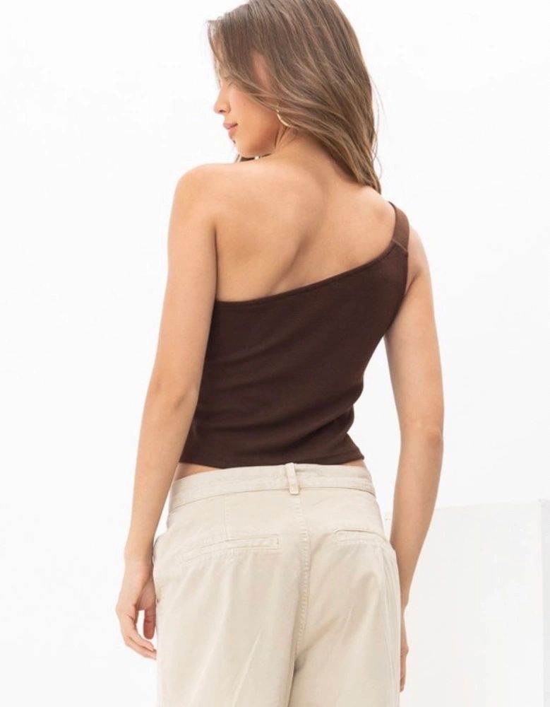 one shoulder buckle ribbed knit top