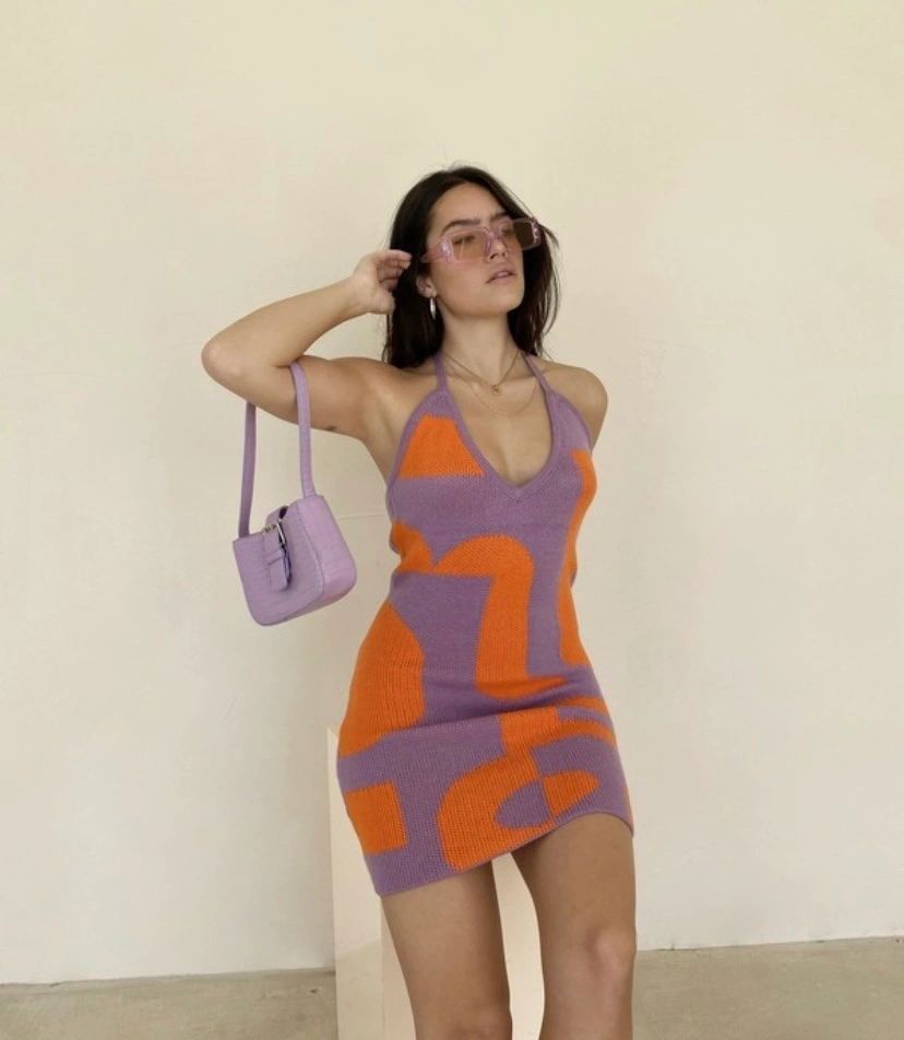 retro printed knitted halter dress