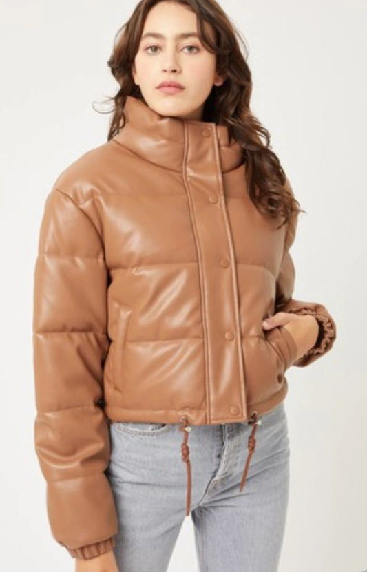 leather cropped puffer coat