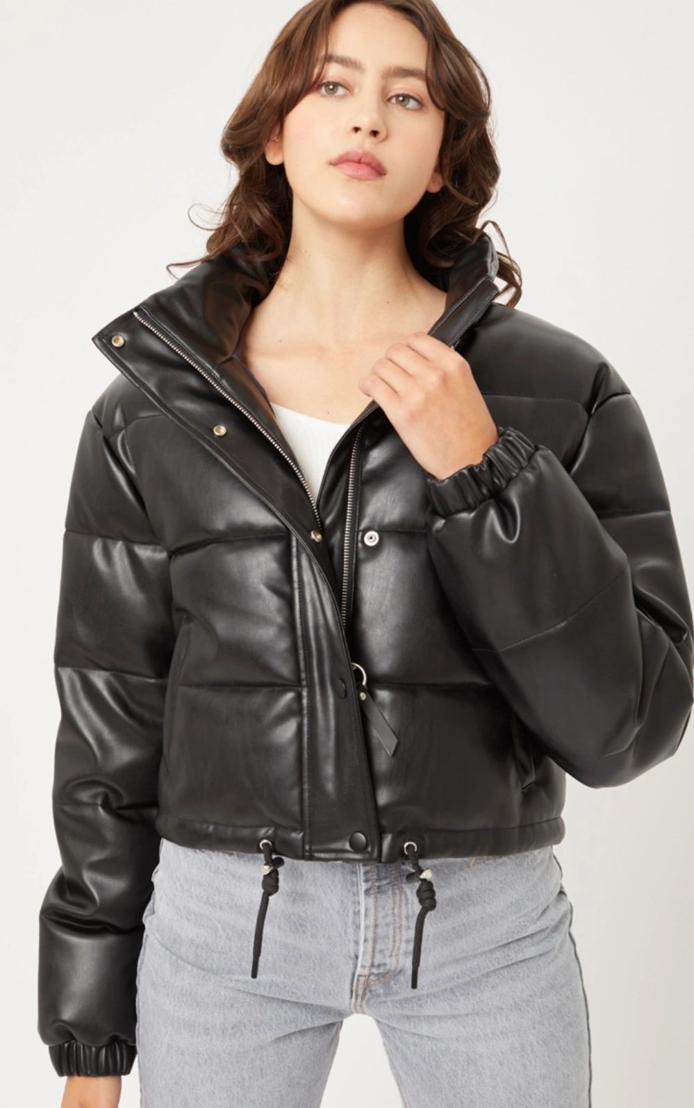 leather cropped puffer coat